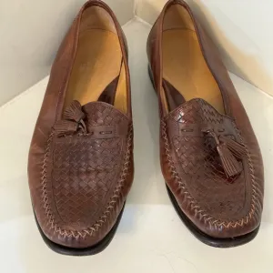 Johnston &amp; Murphy Woven Lattice Medium Brown Leather Tassel Kiltie Loafers