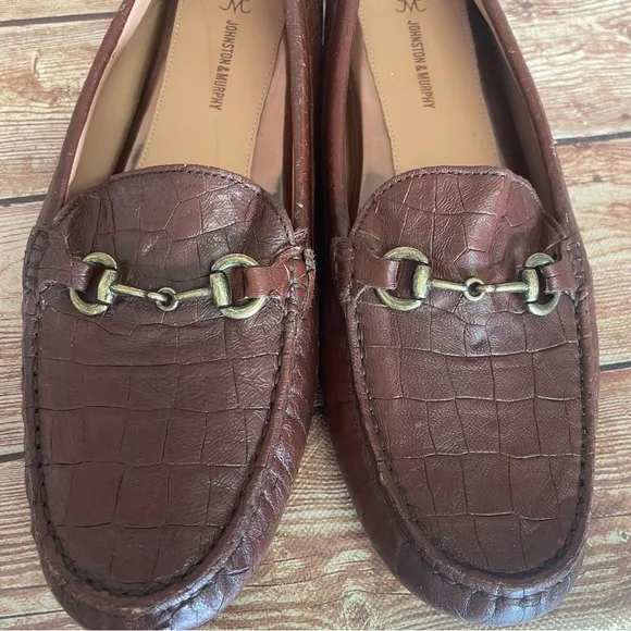 JOHNSTON AND MURPHY Brown Leather Maggie Bit Croc Embossed Driving Loafers 9M