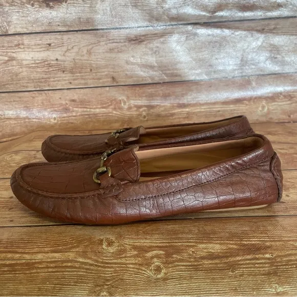 JOHNSTON AND MURPHY Brown Leather Maggie Bit Croc Embossed Driving Loafers 9M