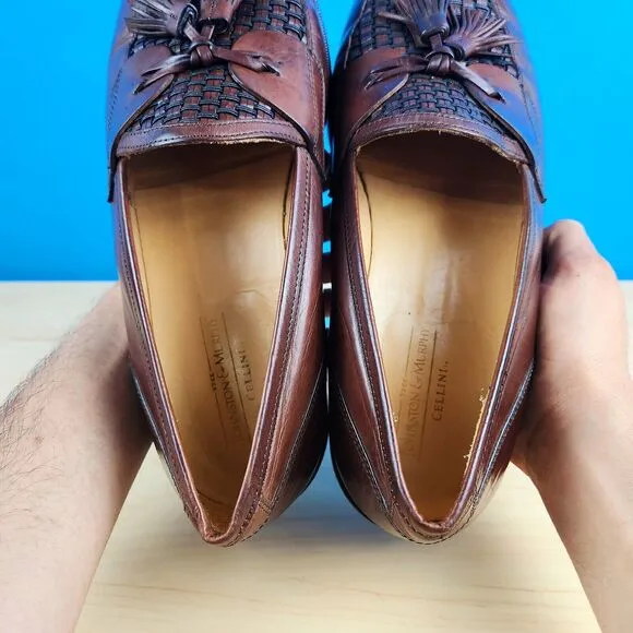 Johnston‎ Murphy Cellini Mens Size 9.5 W Loafers Woven Leather Tassel Apron Toe