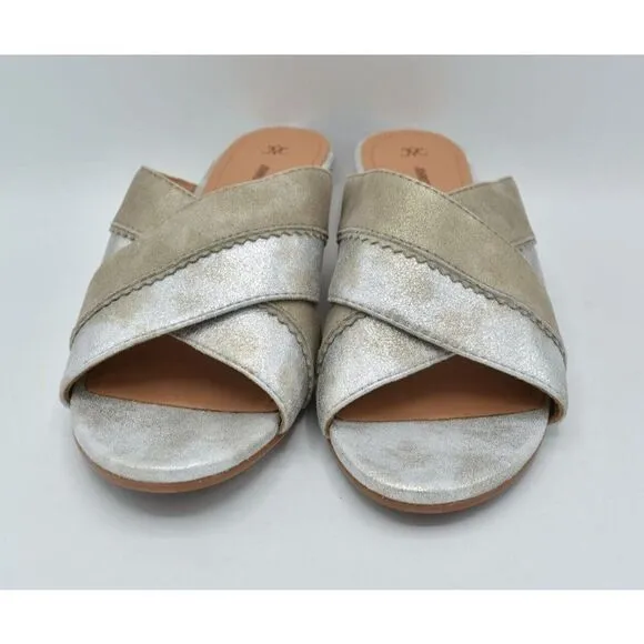 Johnston &amp; Murphy Women Size 9.5 Marlena Cross Strap Silver Gold Slip On Sandals