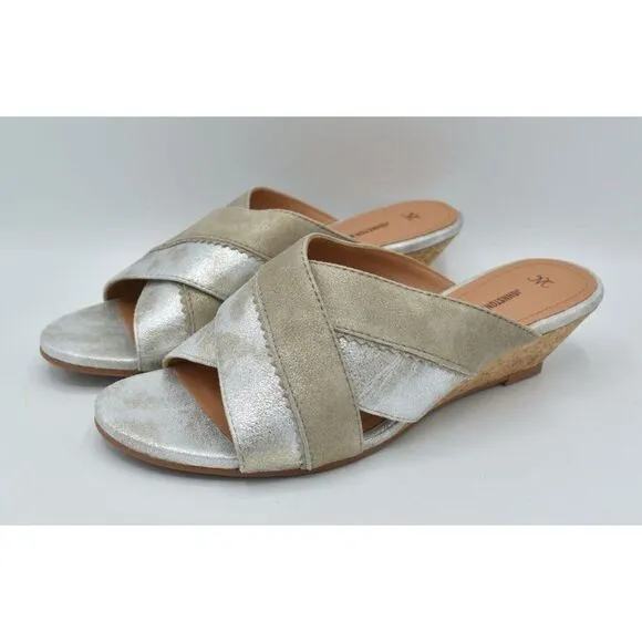 Johnston &amp; Murphy Women Size 9.5 Marlena Cross Strap Silver Gold Slip On Sandals