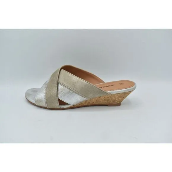 Johnston &amp; Murphy Women Size 9.5 Marlena Cross Strap Silver Gold Slip On Sandals