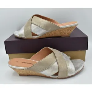 Johnston &amp; Murphy Women Size 9.5 Marlena Cross Strap Silver Gold Slip On Sandals