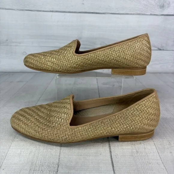 Jon Josef GATSBY Metallic Gold Woven Raffia Slip On Flat Loafers Shoes Size 8