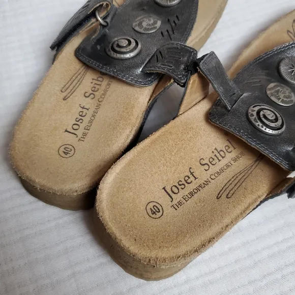 Josef Seibel Antik Metallic Leather Adustable Slip On Sandals Size 40 Classic