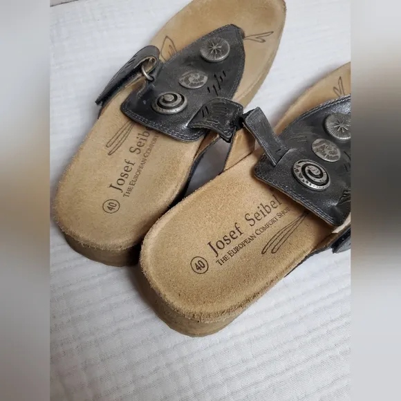 Josef Seibel Antik Metallic Leather Adustable Slip On Sandals Size 40 Classic