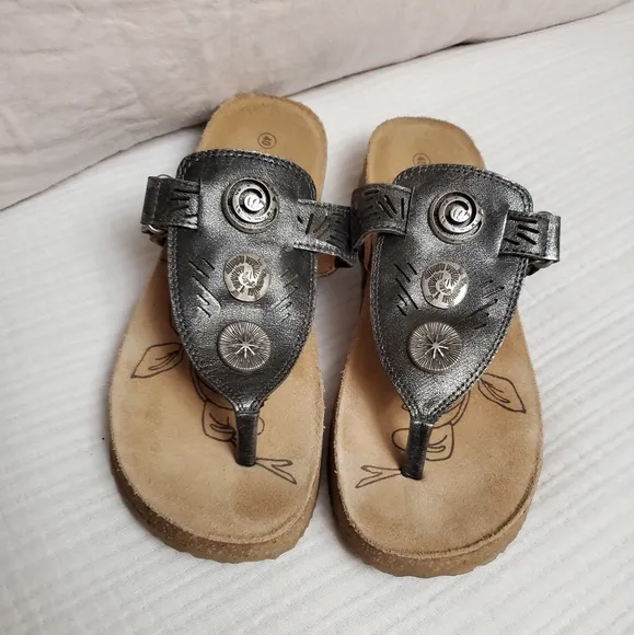Josef Seibel Antik Metallic Leather Adustable Slip On Sandals Size 40 Classic