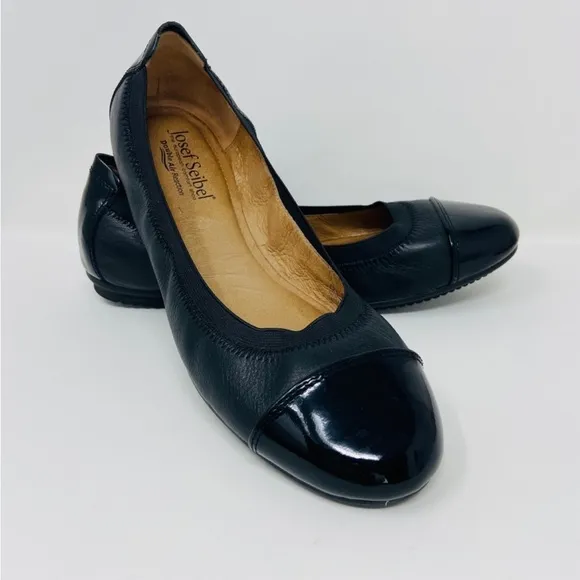 JOSEF SEIBEL Pippa Cap Toe Black Leather Patent Toe Ballet Flats 38 8