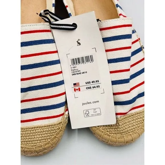 Joules Womens Shelbury Espadrilles Cream Stripe Blue Red Canvas Jute NWT Size 10