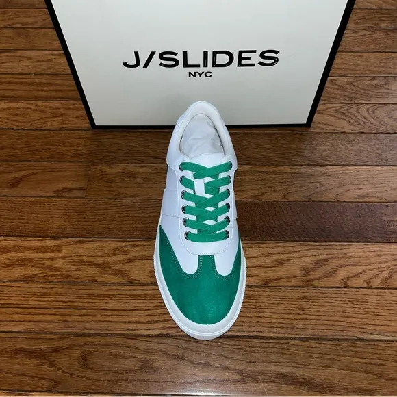 J/Slides NYC Gable Lace Up Sneakers White &amp; Green Faux Suede Women’s Size 8.5