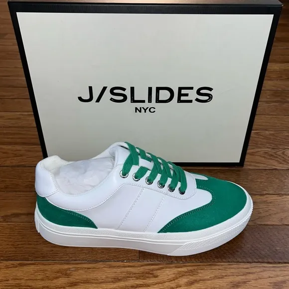 J/Slides NYC Gable Lace Up Sneakers White &amp; Green Faux Suede Women’s Size 8.5