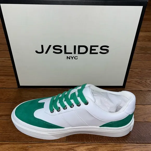 J/Slides NYC Gable Lace Up Sneakers White &amp; Green Faux Suede Women’s Size 8.5