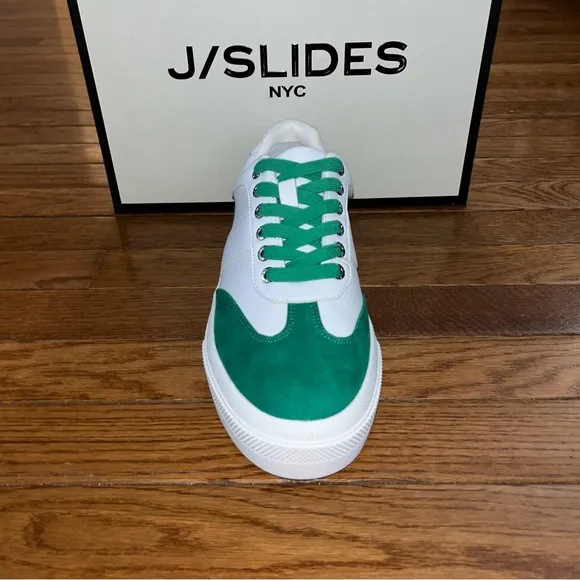 J/Slides NYC Gable Lace Up Sneakers White &amp; Green Faux Suede Women’s Size 8.5