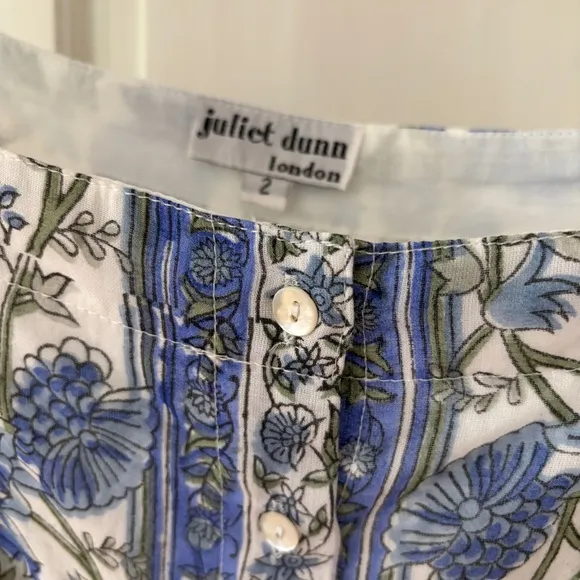 JULIET DUNN Cotton Tie Shoulder Midi Dress Blue Rose Border Print Size 2 Medium