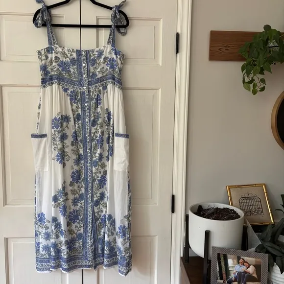 JULIET DUNN Cotton Tie Shoulder Midi Dress Blue Rose Border Print Size 2 Medium