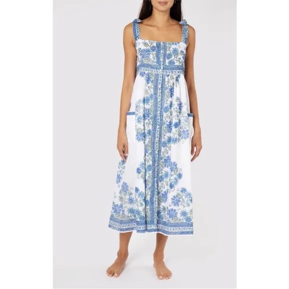 JULIET DUNN Cotton Tie Shoulder Midi Dress Blue Rose Border Print Size 2 Medium