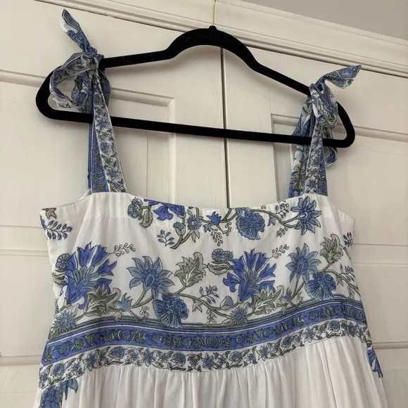 JULIET DUNN Cotton Tie Shoulder Midi Dress Blue Rose Border Print Size 2 Medium