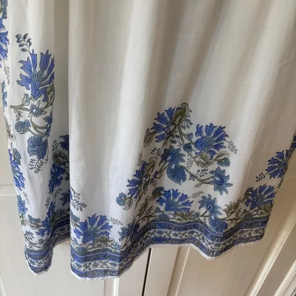 JULIET DUNN Cotton Tie Shoulder Midi Dress Blue Rose Border Print Size 2 Medium