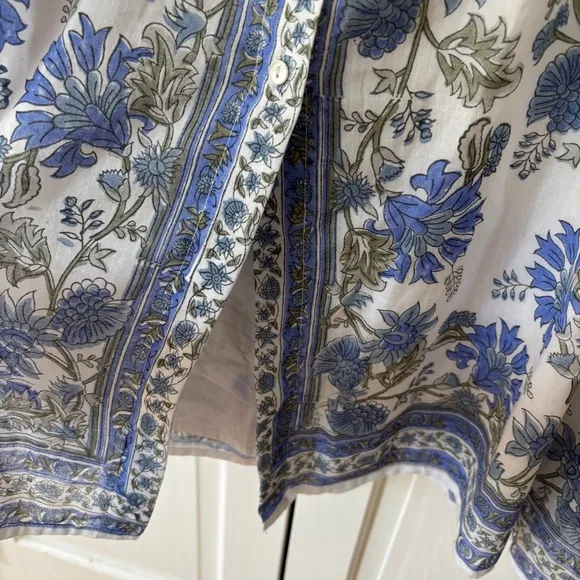 JULIET DUNN Cotton Tie Shoulder Midi Dress Blue Rose Border Print Size 2 Medium