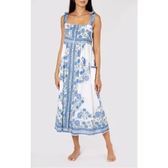 JULIET DUNN Cotton Tie Shoulder Midi Dress Blue Rose Border Print Size 2 Medium