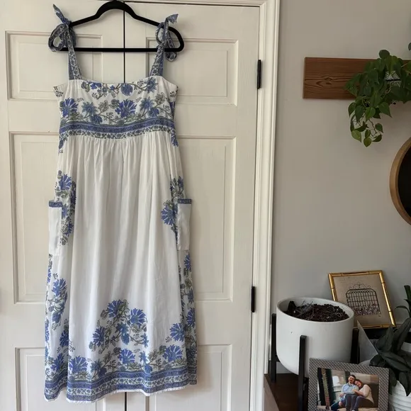 JULIET DUNN Cotton Tie Shoulder Midi Dress Blue Rose Border Print Size 2 Medium
