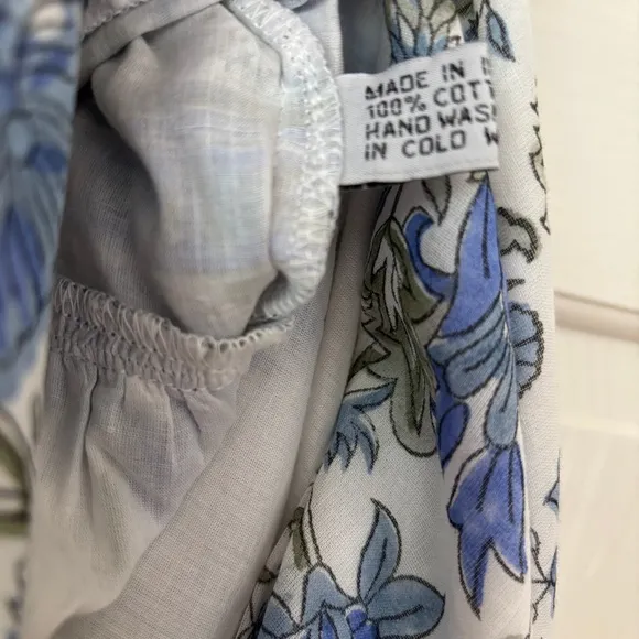 JULIET DUNN Cotton Tie Shoulder Midi Dress Blue Rose Border Print Size 2 Medium