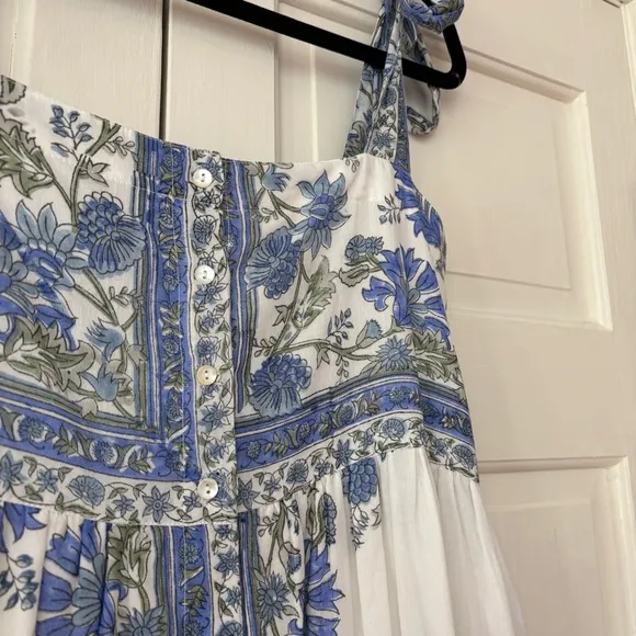 JULIET DUNN Cotton Tie Shoulder Midi Dress Blue Rose Border Print Size 2 Medium