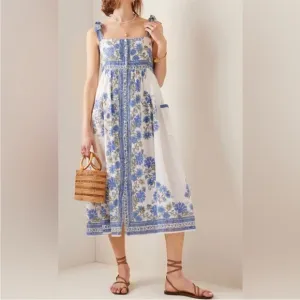 JULIET DUNN Cotton Tie Shoulder Midi Dress Blue Rose Border Print Size 2 Medium