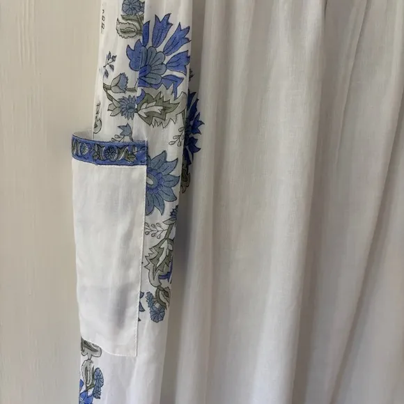 JULIET DUNN Cotton Tie Shoulder Midi Dress Blue Rose Border Print Size 2 Medium