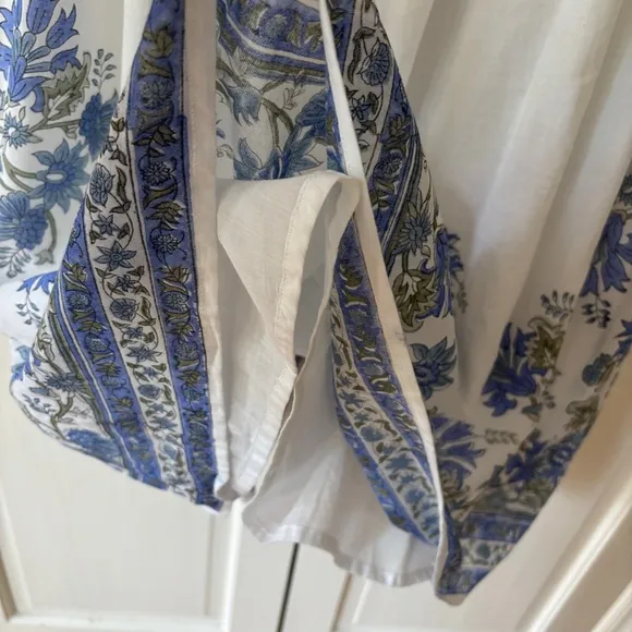 JULIET DUNN Cotton Tie Shoulder Midi Dress Blue Rose Border Print Size 2 Medium