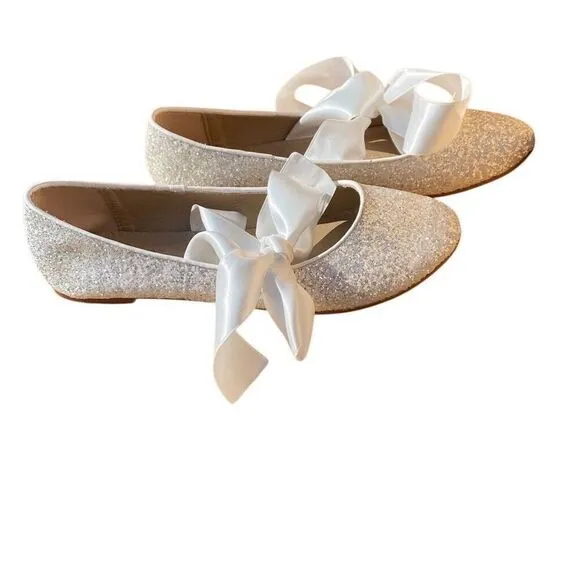 Kailee P Silver Sparkly Rhinestone Ballerina Flats Satin Bow Size 10/11 Women