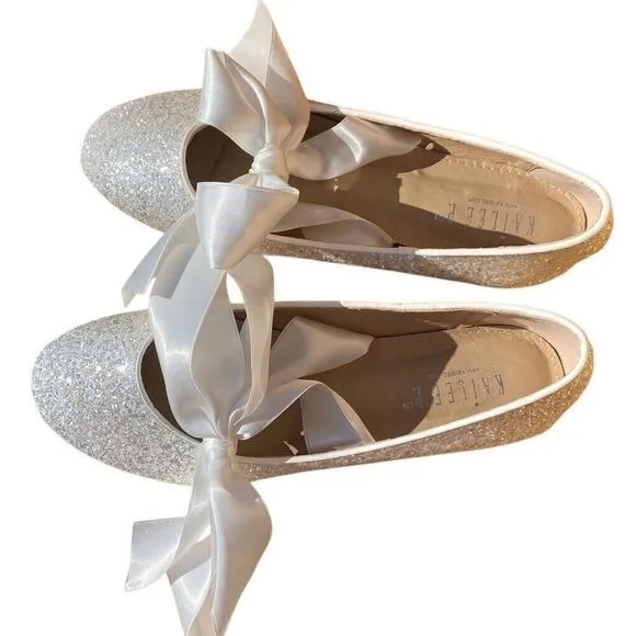 Kailee P Silver Sparkly Rhinestone Ballerina Flats Satin Bow Size 10/11 Women