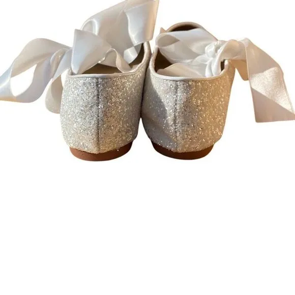 Kailee P Silver Sparkly Rhinestone Ballerina Flats Satin Bow Size 10/11 Women