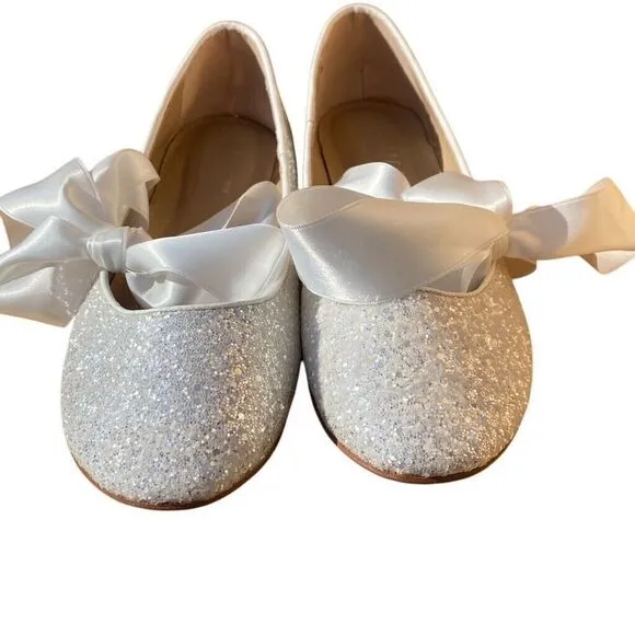 Kailee P Silver Sparkly Rhinestone Ballerina Flats Satin Bow Size 10/11 Women