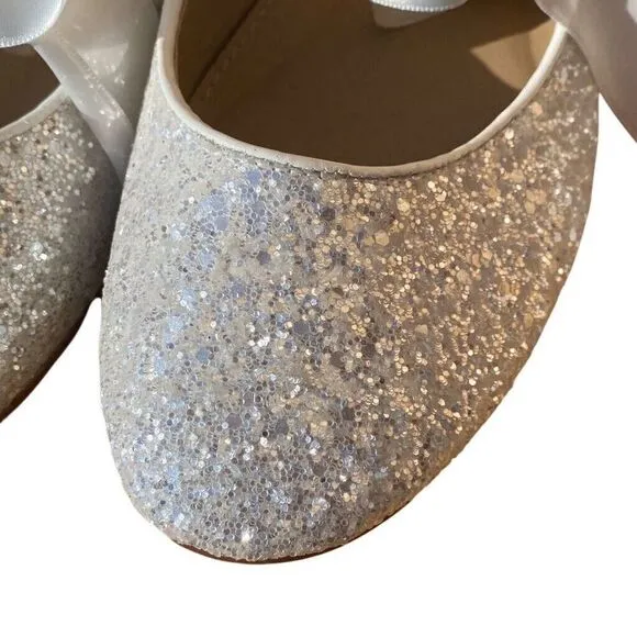 Kailee P Silver Sparkly Rhinestone Ballerina Flats Satin Bow Size 10/11 Women