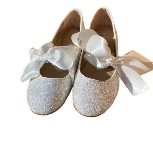 Kailee P Silver Sparkly Rhinestone Ballerina Flats Satin Bow Size 10/11 Women