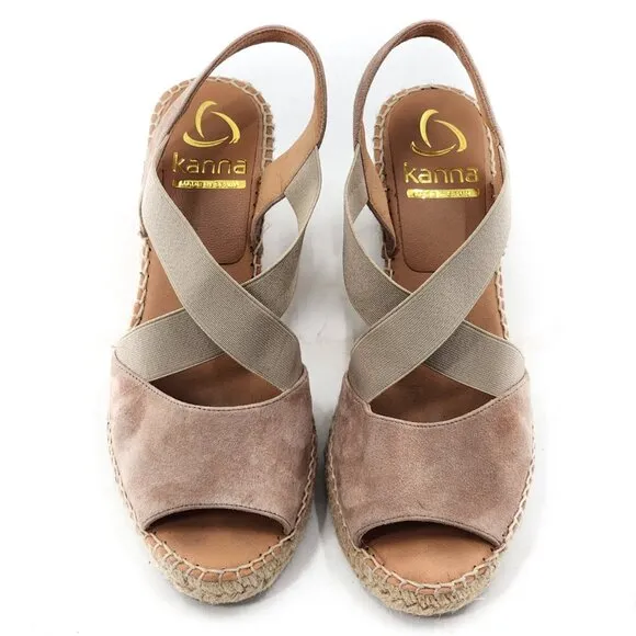 KANNA Suede Elastic Criss Cross Strap Wedge Espadrille Sandals