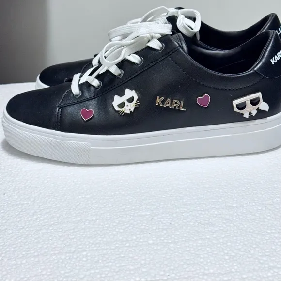 Karl Lagerfeld Black Cammy Embellished Logo Low Top Platform Sneakers 9.5