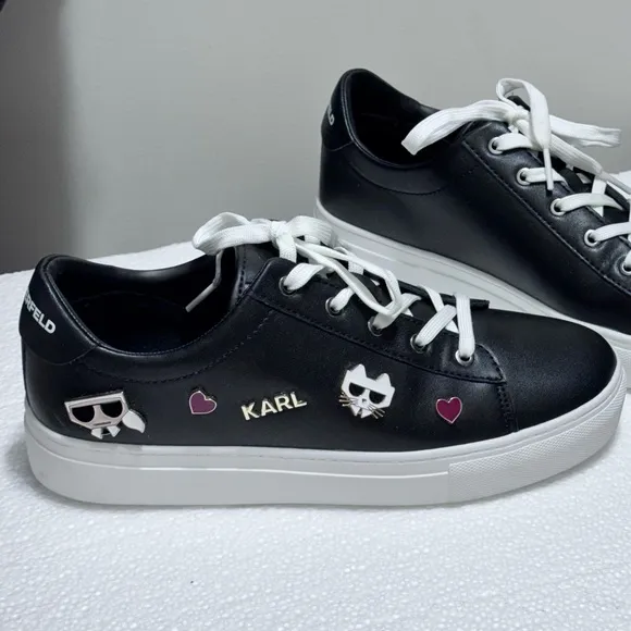 Karl Lagerfeld Black Cammy Embellished Logo Low Top Platform Sneakers 9.5