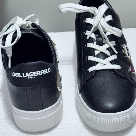 Karl Lagerfeld Black Cammy Embellished Logo Low Top Platform Sneakers 9.5
