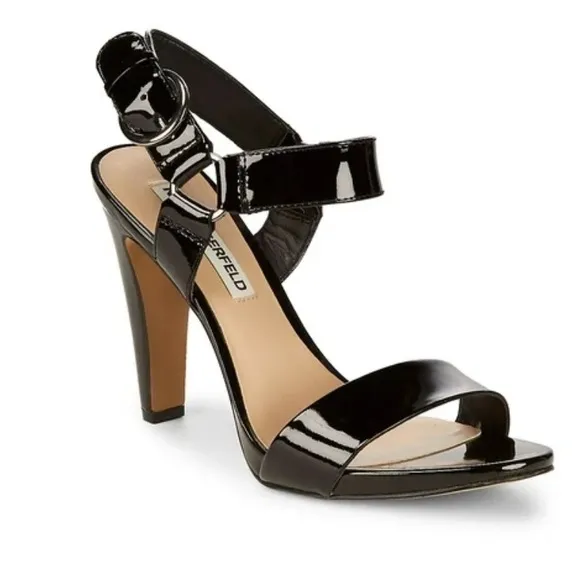 Karl Lagerfeld Paris Cieone Black Patent Leather Sandals Heels Size 8.5