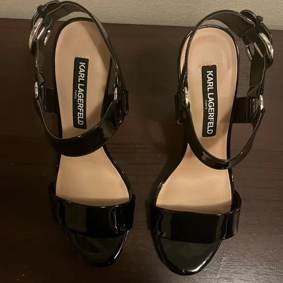 Karl Lagerfeld Paris Cieone Black Patent Leather Sandals Heels Size 8.5