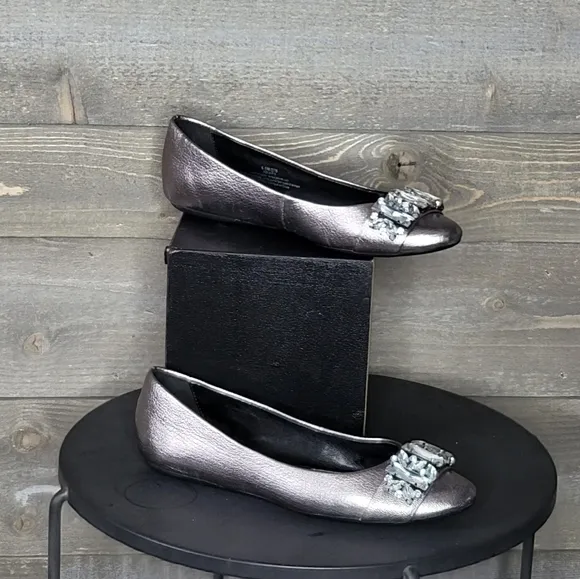 Karl Lagerfeld Paris Viola Silver Leather Crystals Almond Toe Ballerina …