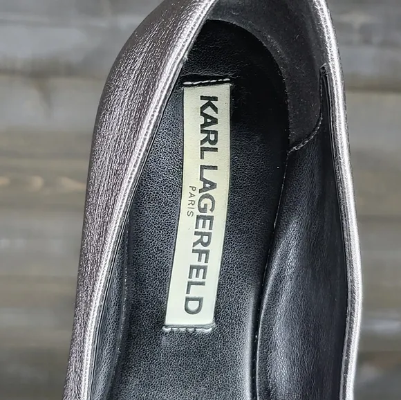 Karl Lagerfeld Paris Viola Silver Leather Crystals Almond Toe Ballerina …
