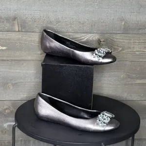 Karl Lagerfeld Paris Viola Silver Leather Crystals Almond Toe Ballerina …