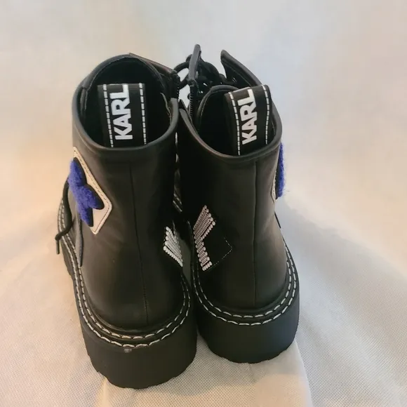 Karl Lagerfeld Paris Women’s Dixie Logo Patch Embelishment Combat Boots Sz 8.5