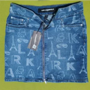 Karl Lagerfeld Paris Womens Logo Printed Front Zipper Denim Mini Skirt 6 NWT