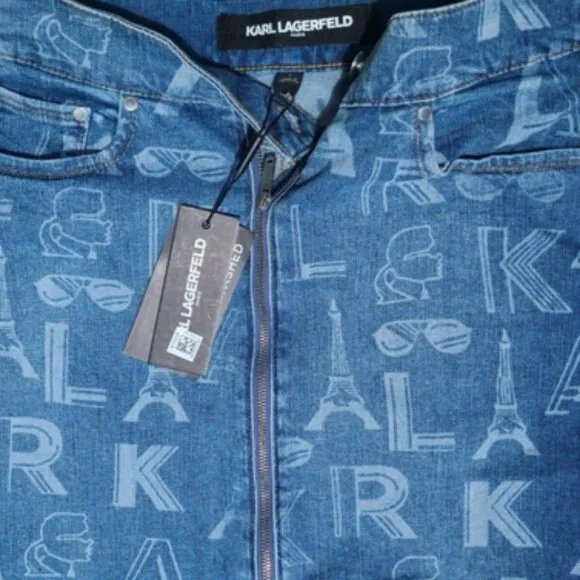 Karl Lagerfeld Paris Womens Logo Printed Front Zipper Denim Mini Skirt 6 NWT