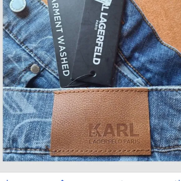 Karl Lagerfeld Paris Womens Logo Printed Front Zipper Denim Mini Skirt 6 NWT